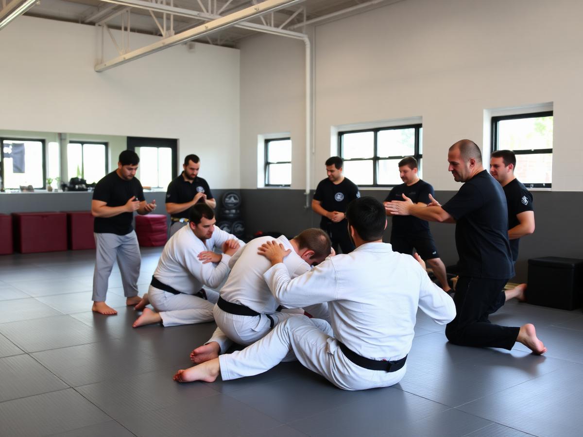 Beginners learning basic jiu-jitsu positions in a small group
