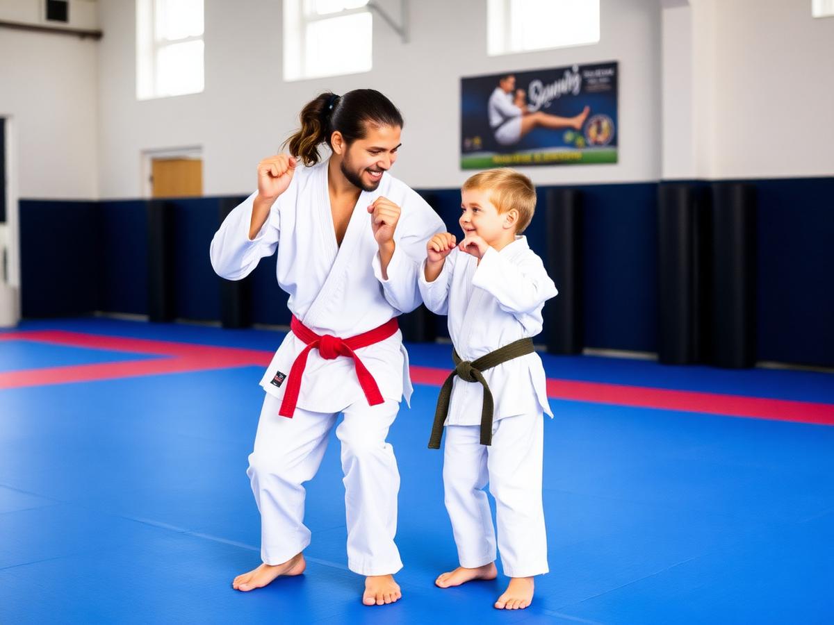 A parent and child training together in gi on the mats