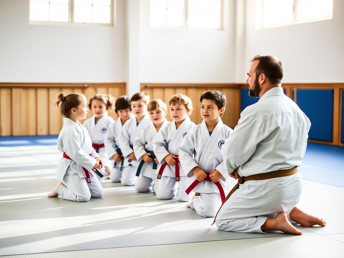 Children in judo gi listening to their coach at Combat Base Wakefield